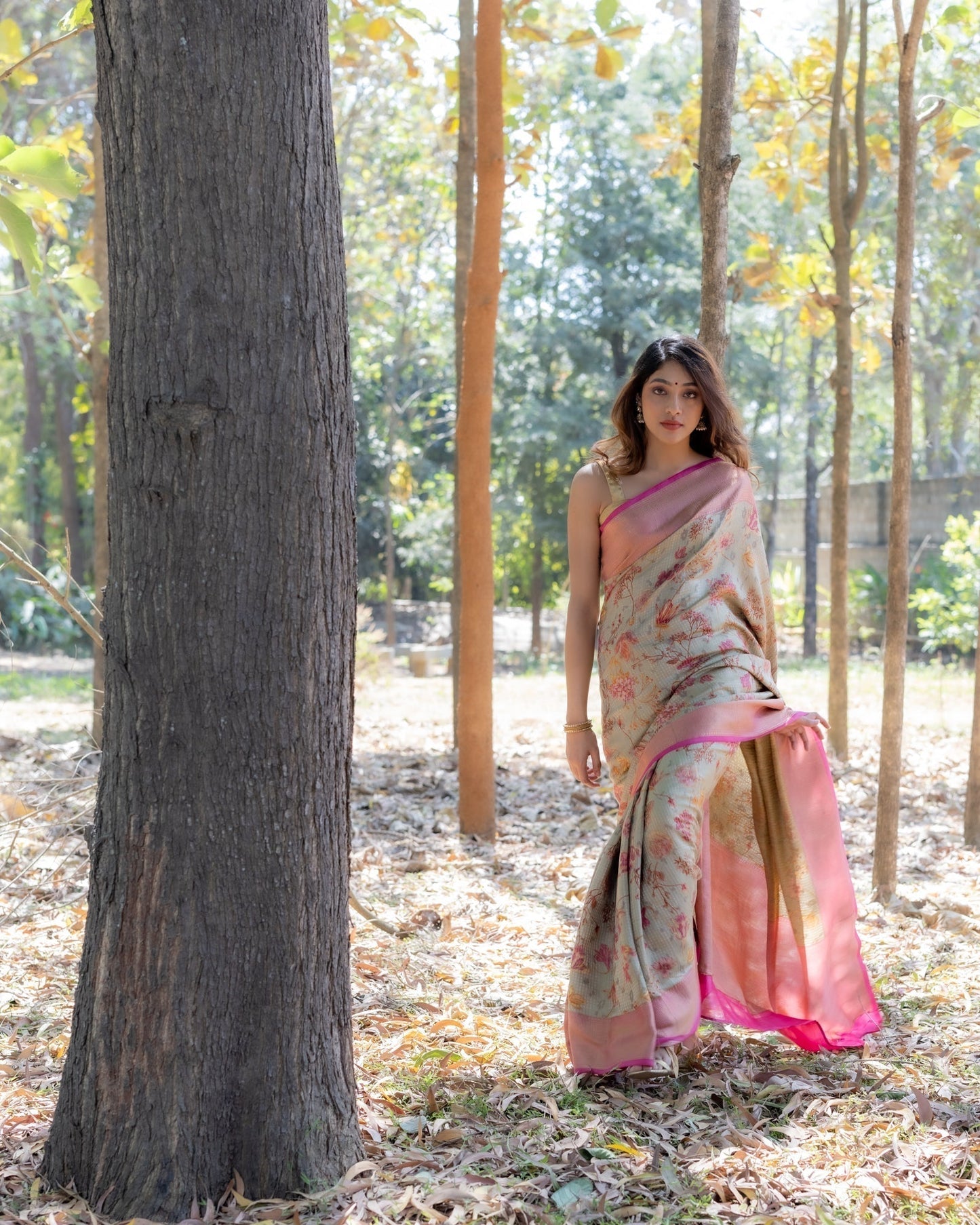 Beige Printed Silk Saree
