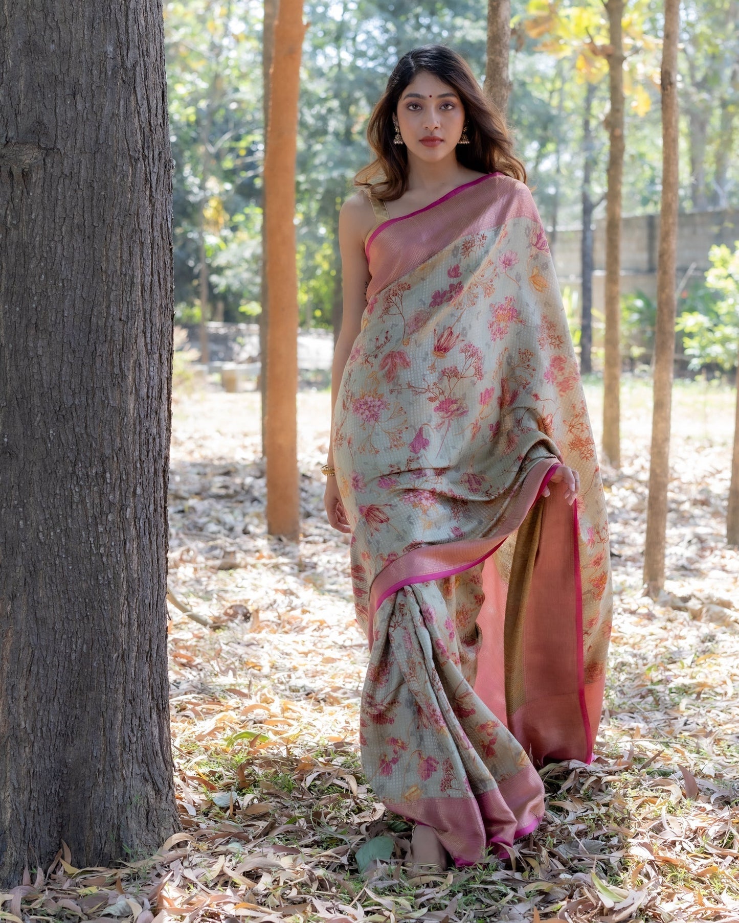 Beige Printed Silk Saree