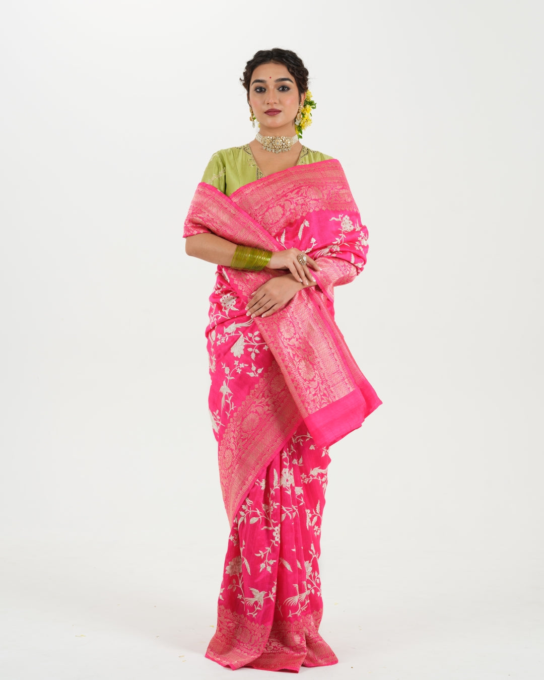 Bright Pink Tussar Silk Saree