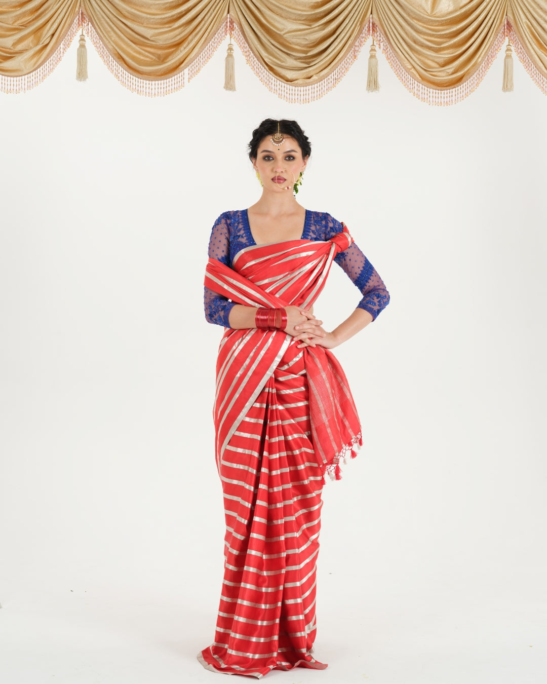 Vermillion Red satin silk Banarasi silk saree