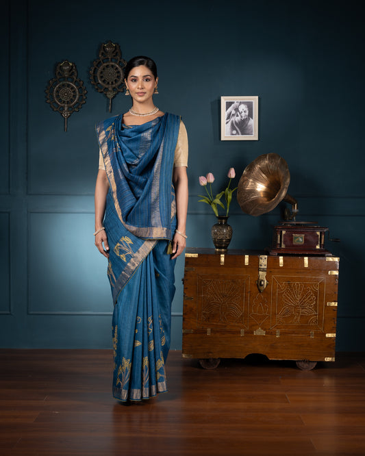 Blue Printed Tussar Silk Saree