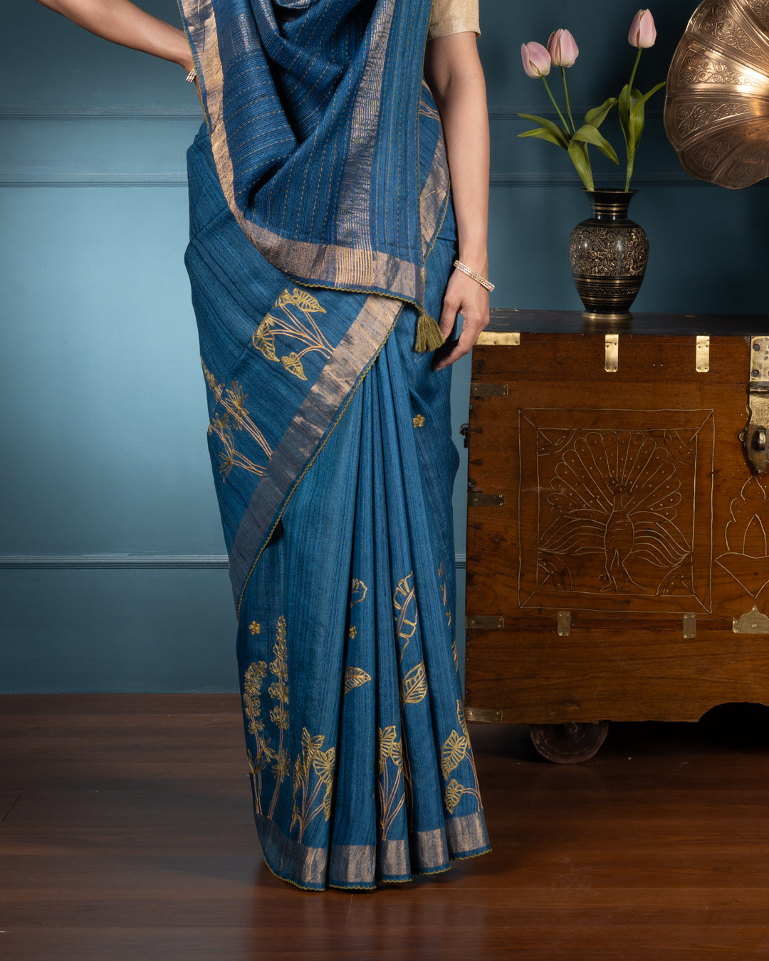 Blue Printed Tussar Silk Saree