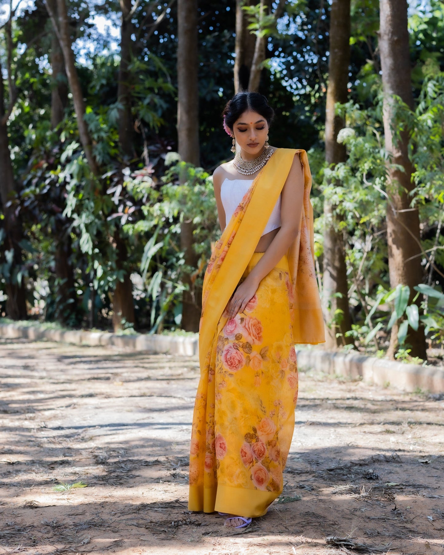Yellow Printed Silk Saree