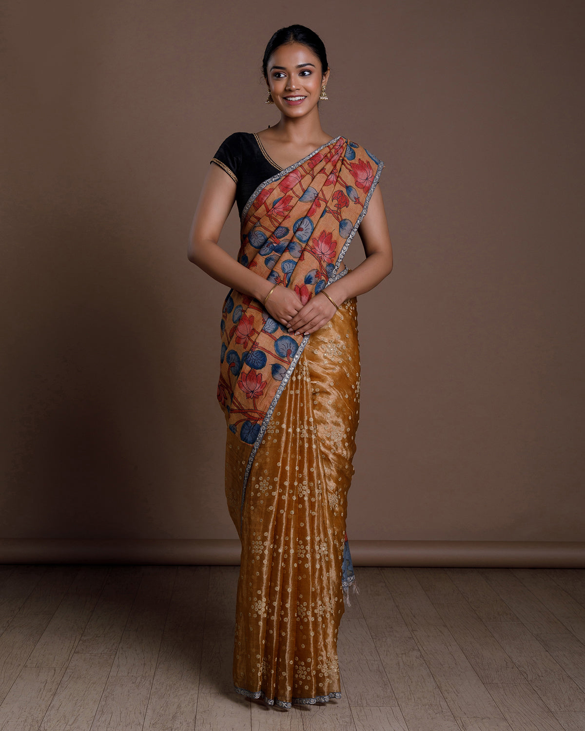Mustard Tussar Embroidery Silk Saree