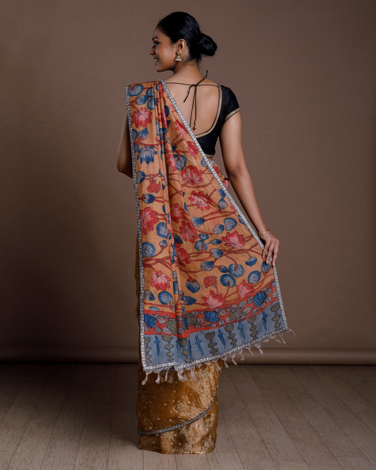 Mustard Tussar Embroidery Silk Saree