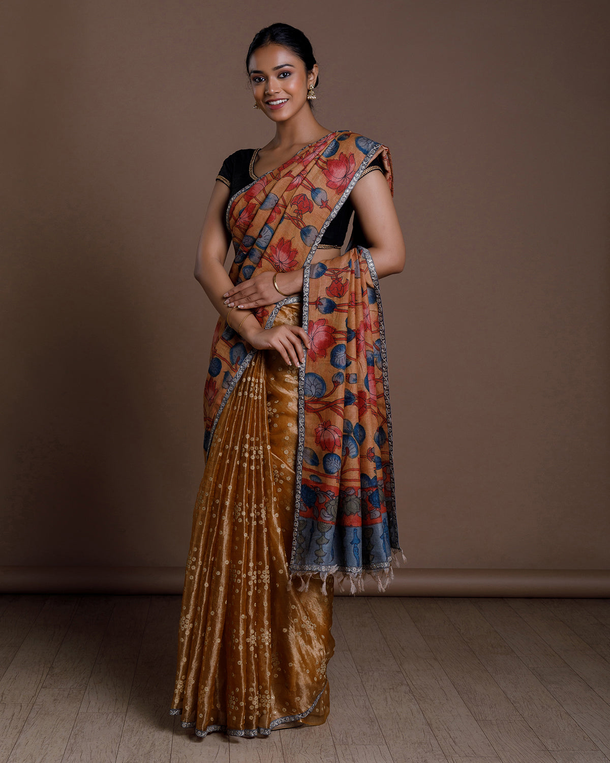 Mustard Tussar Embroidery Silk Saree