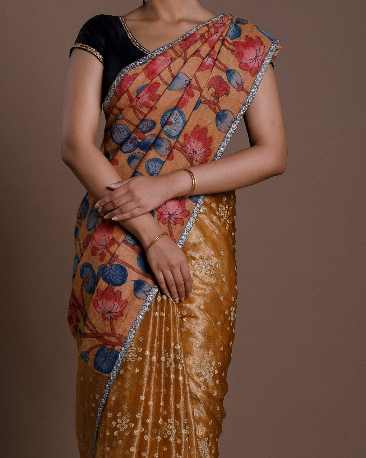 Mustard Tussar Embroidery Silk Saree