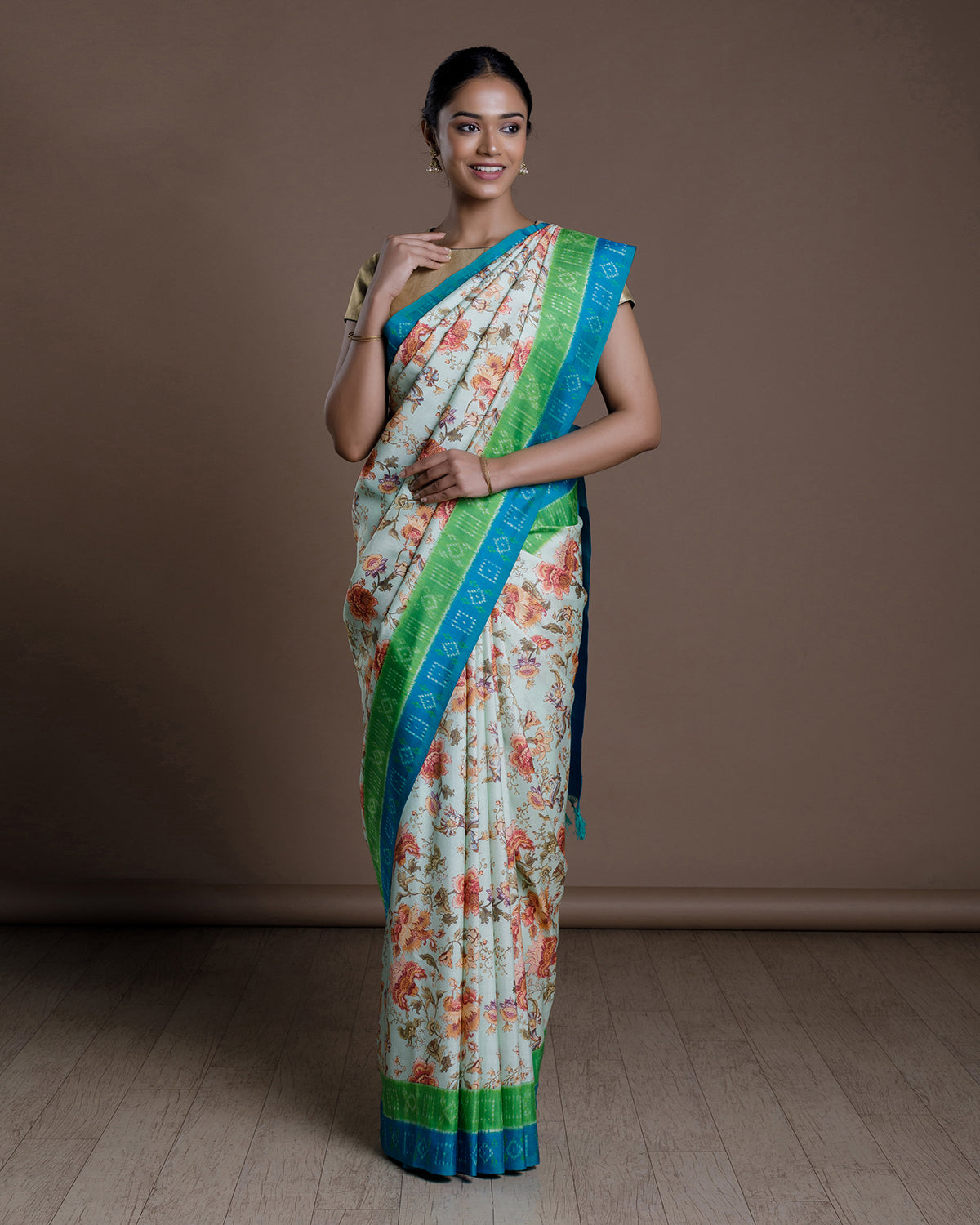 Green Printed Ikkat Handloom Silk Saree