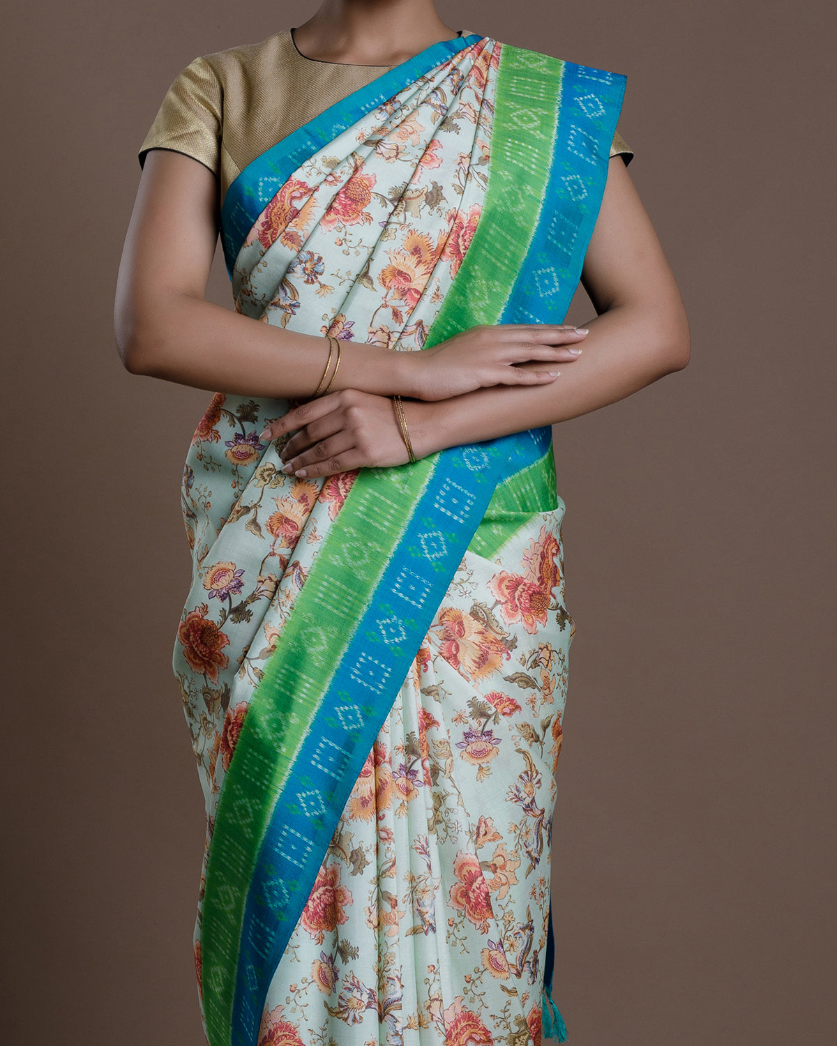 Green Printed Ikkat Handloom Silk Saree