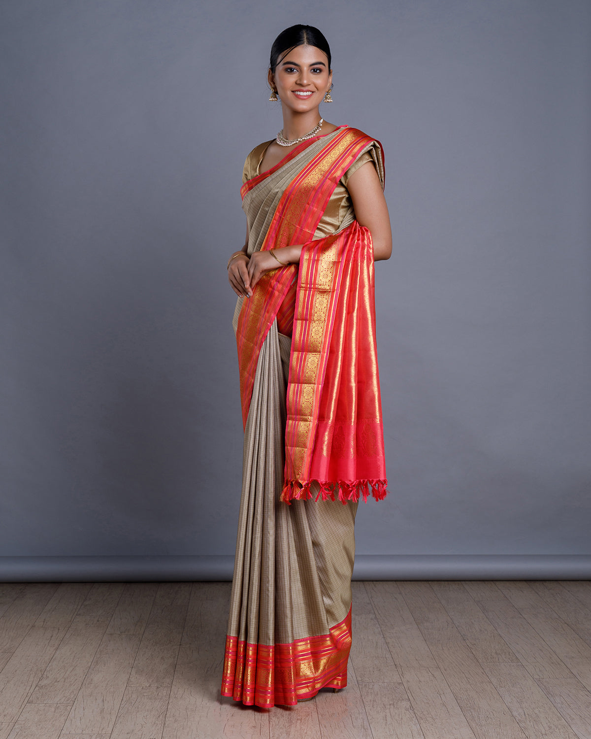 Beige Kanchivaram Handloom Silk Saree