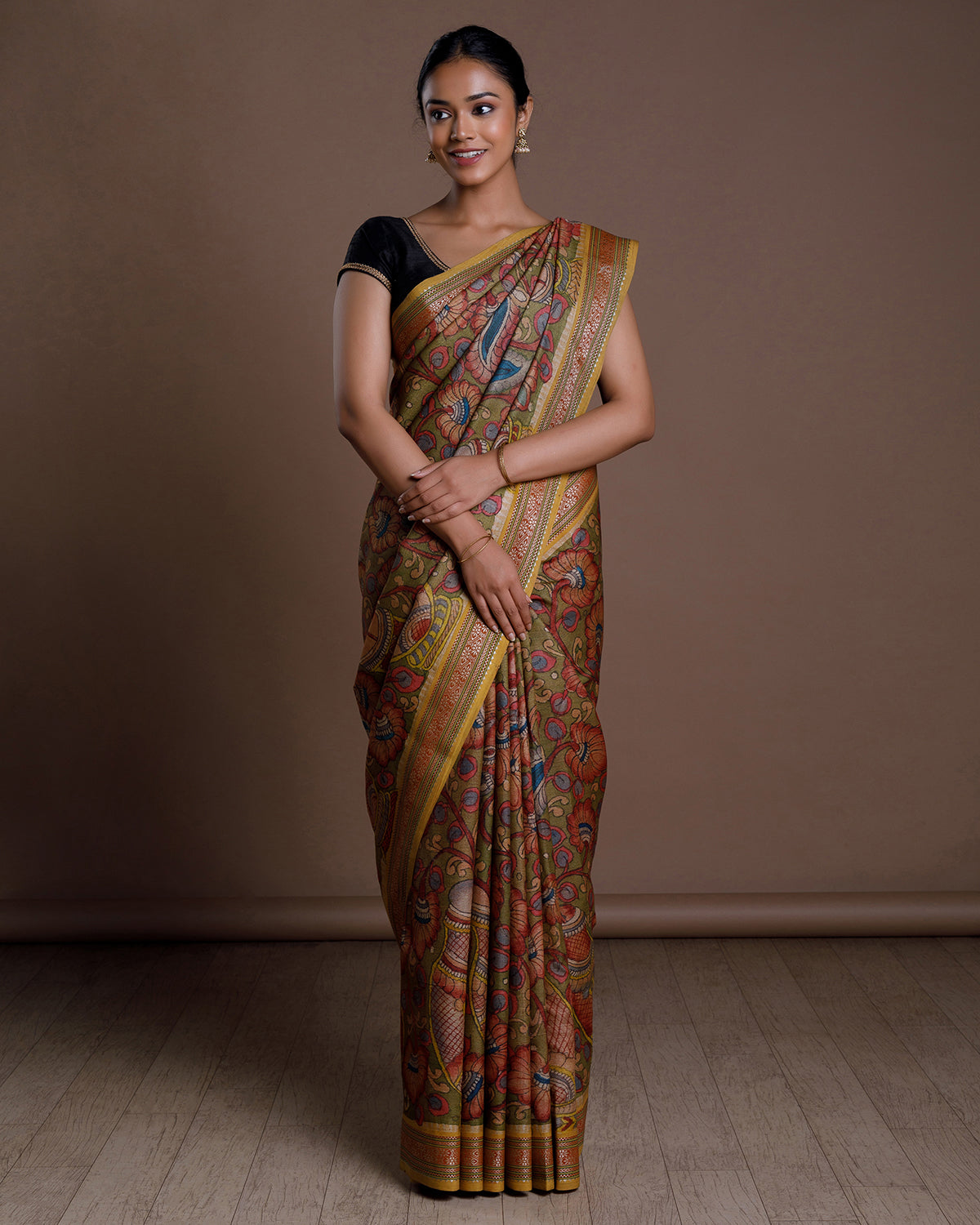 Olive Green Hand Painted Handloom Tussar Saree