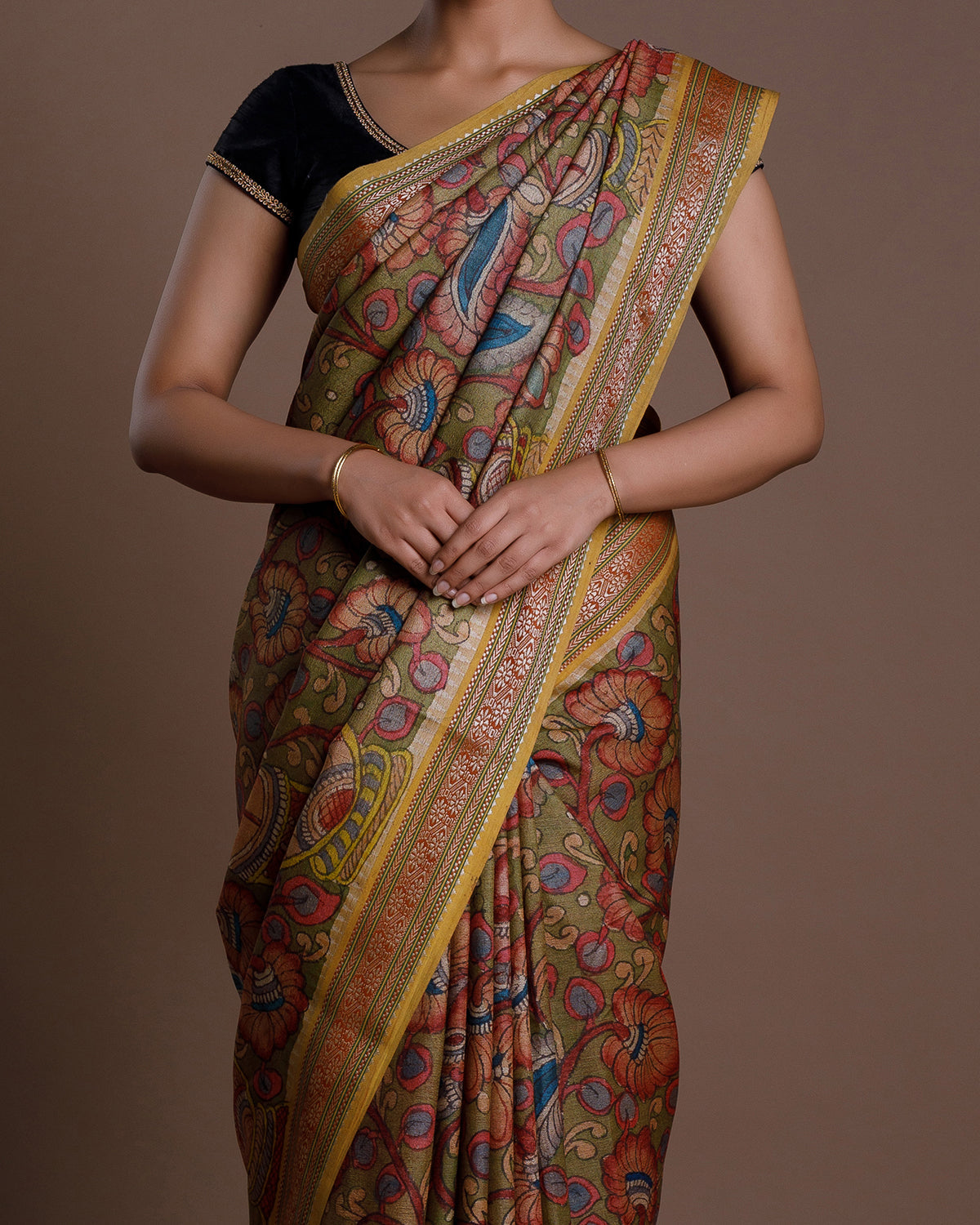Olive Green Hand Painted Handloom Tussar Saree