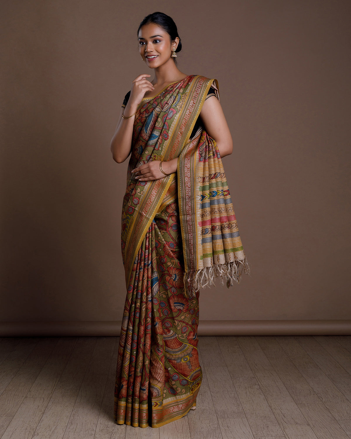 Olive Green Hand Painted Handloom Tussar Saree