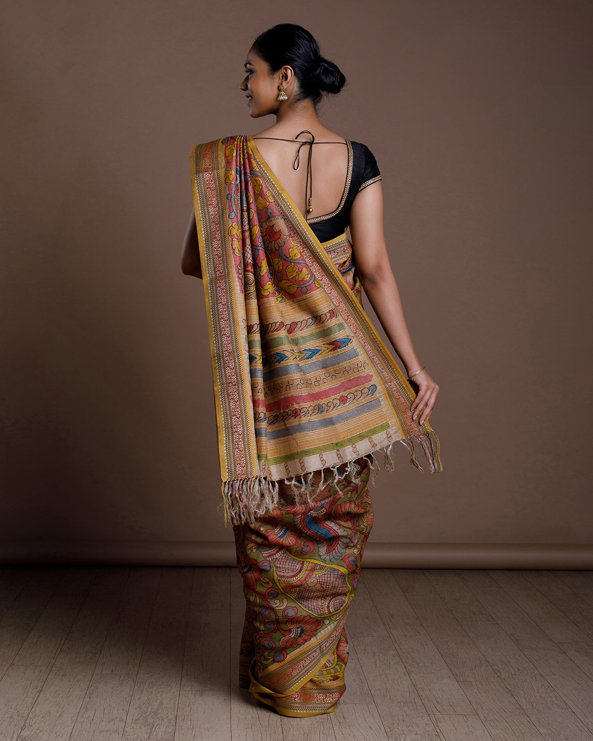 Olive Green Hand Painted Handloom Tussar Saree