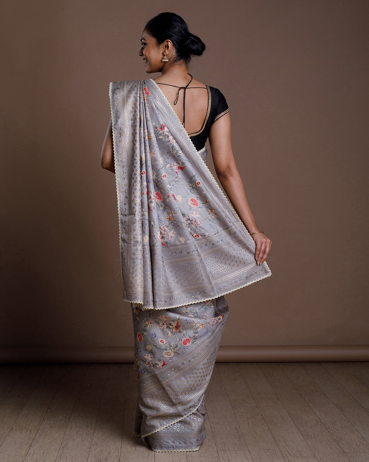 Grey Tussar Embroidery Silk Saree