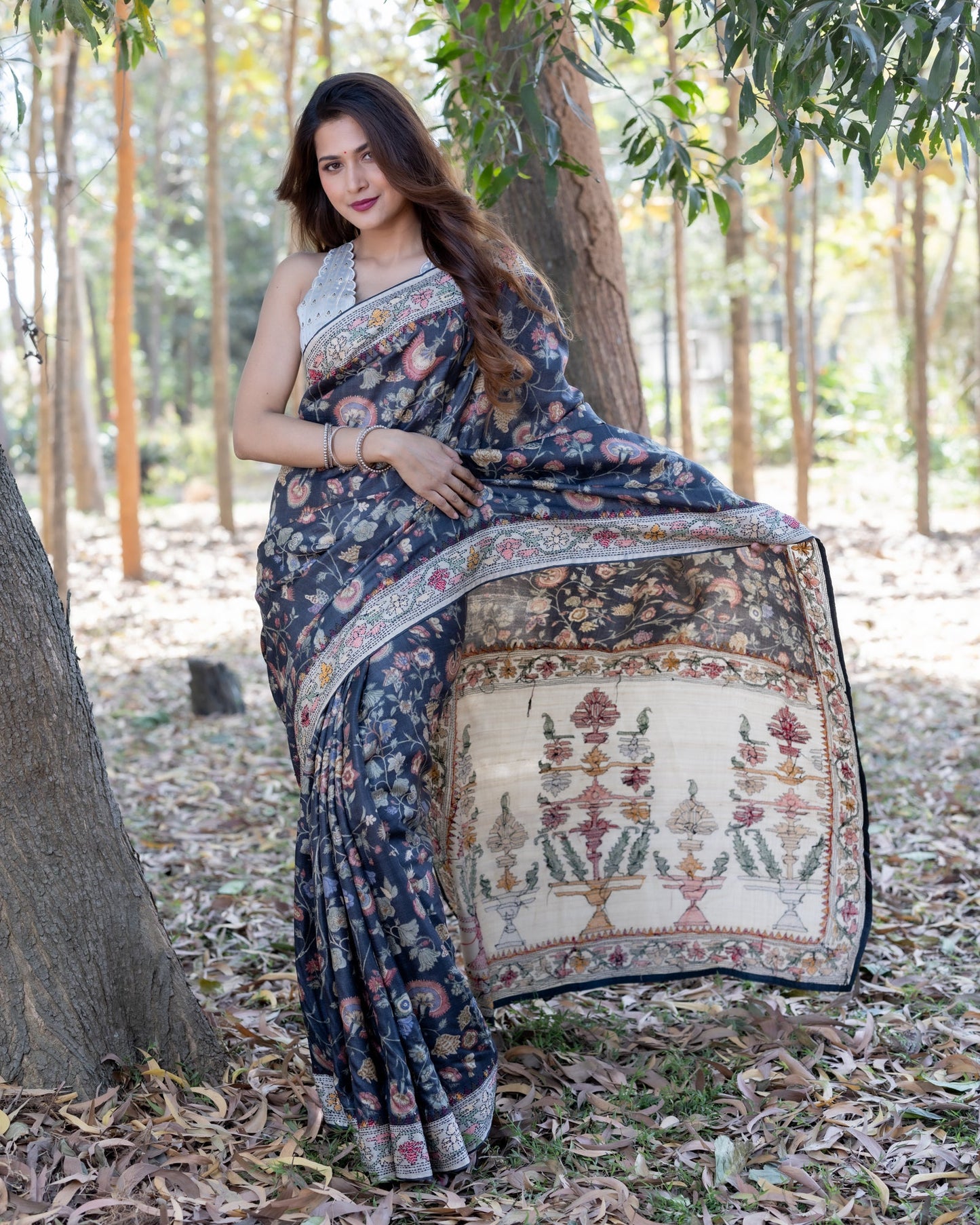 Black Embroidered Tussar Silk Saree