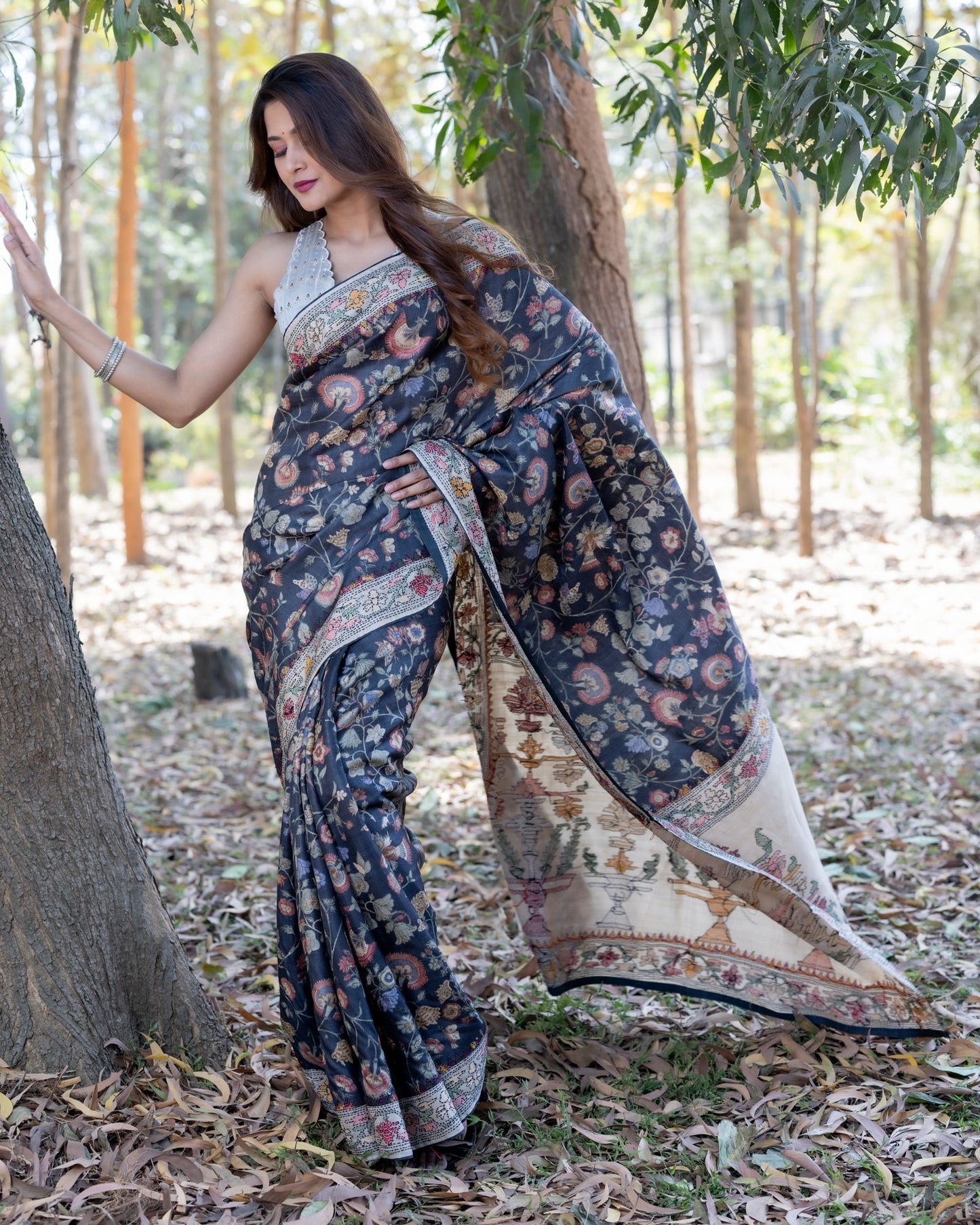 Black Embroidered Tussar Silk Saree