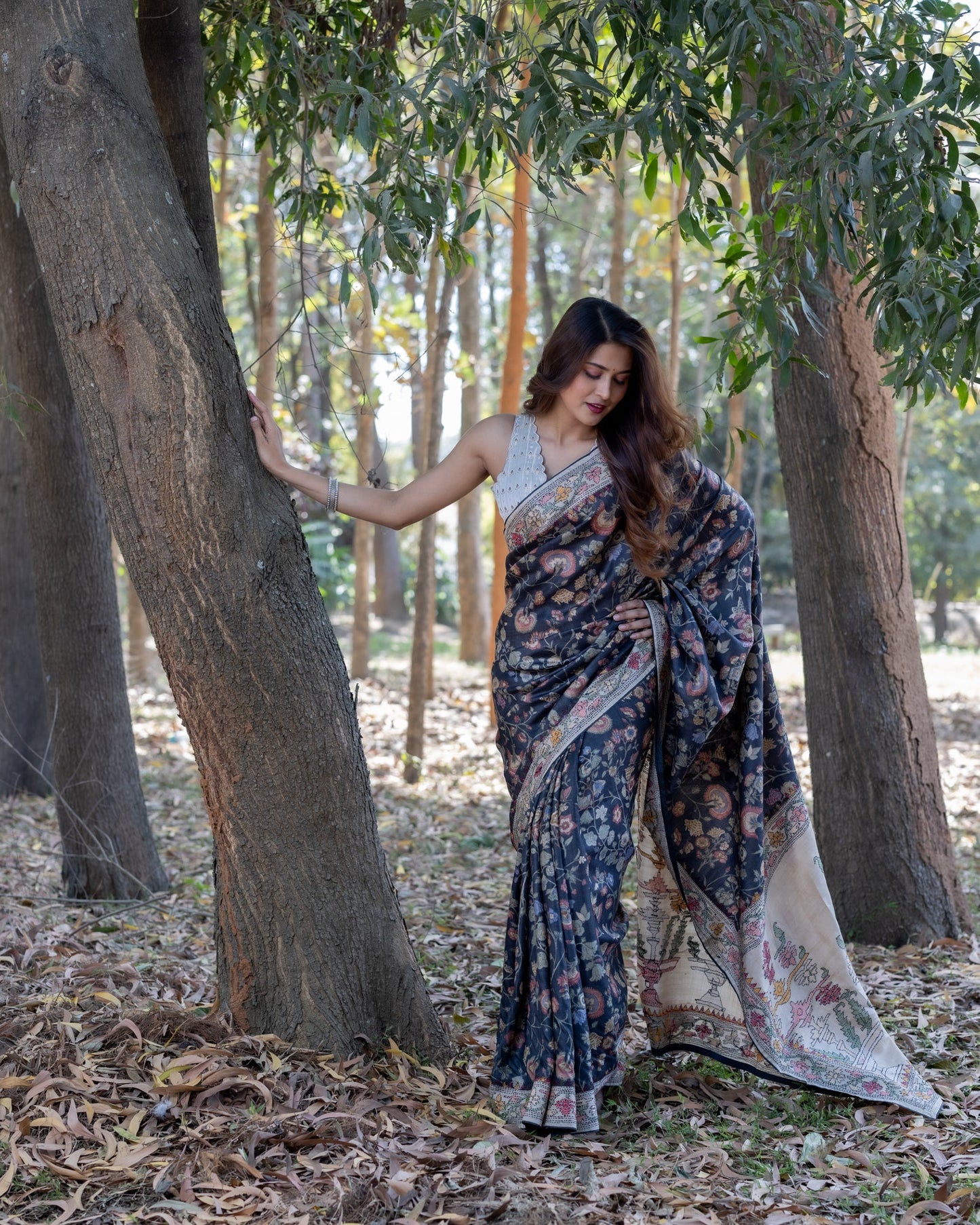 Black Embroidered Tussar Silk Saree