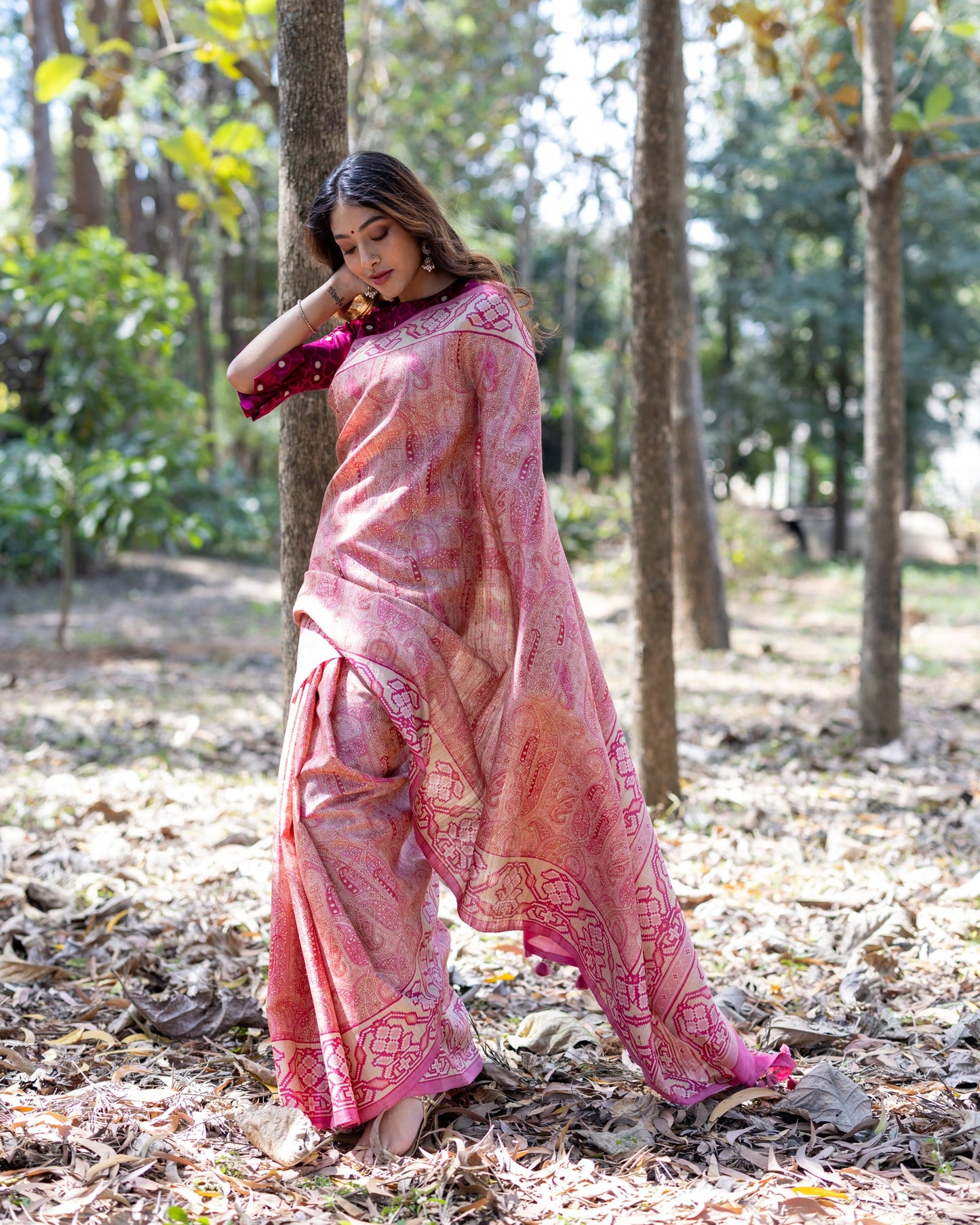 Pink Tussar Silk Saree