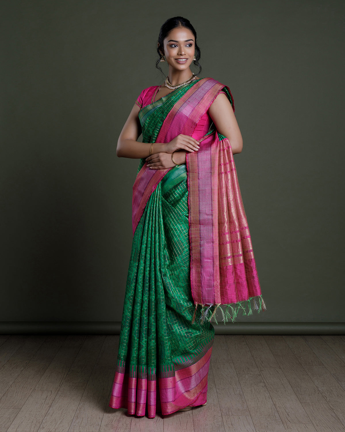 Green Handloom Printed Tussar Silk Saree