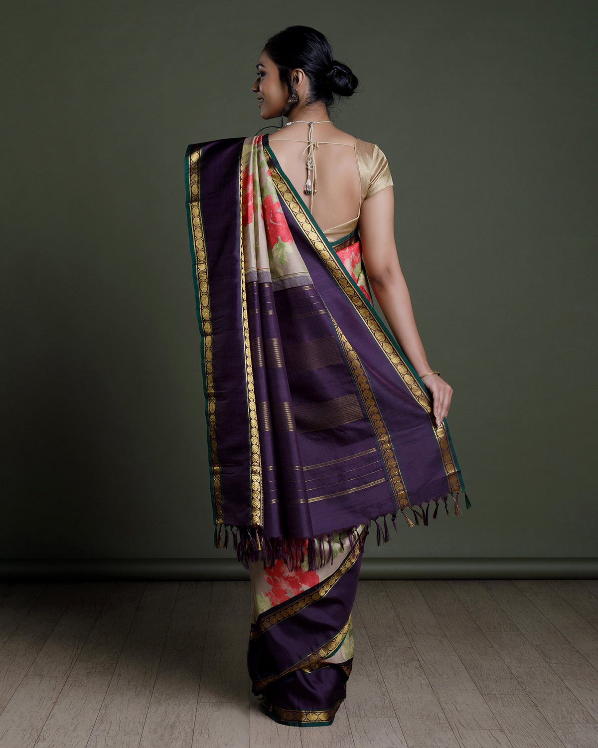 Beige Kanchivaram Printed Silk Saree