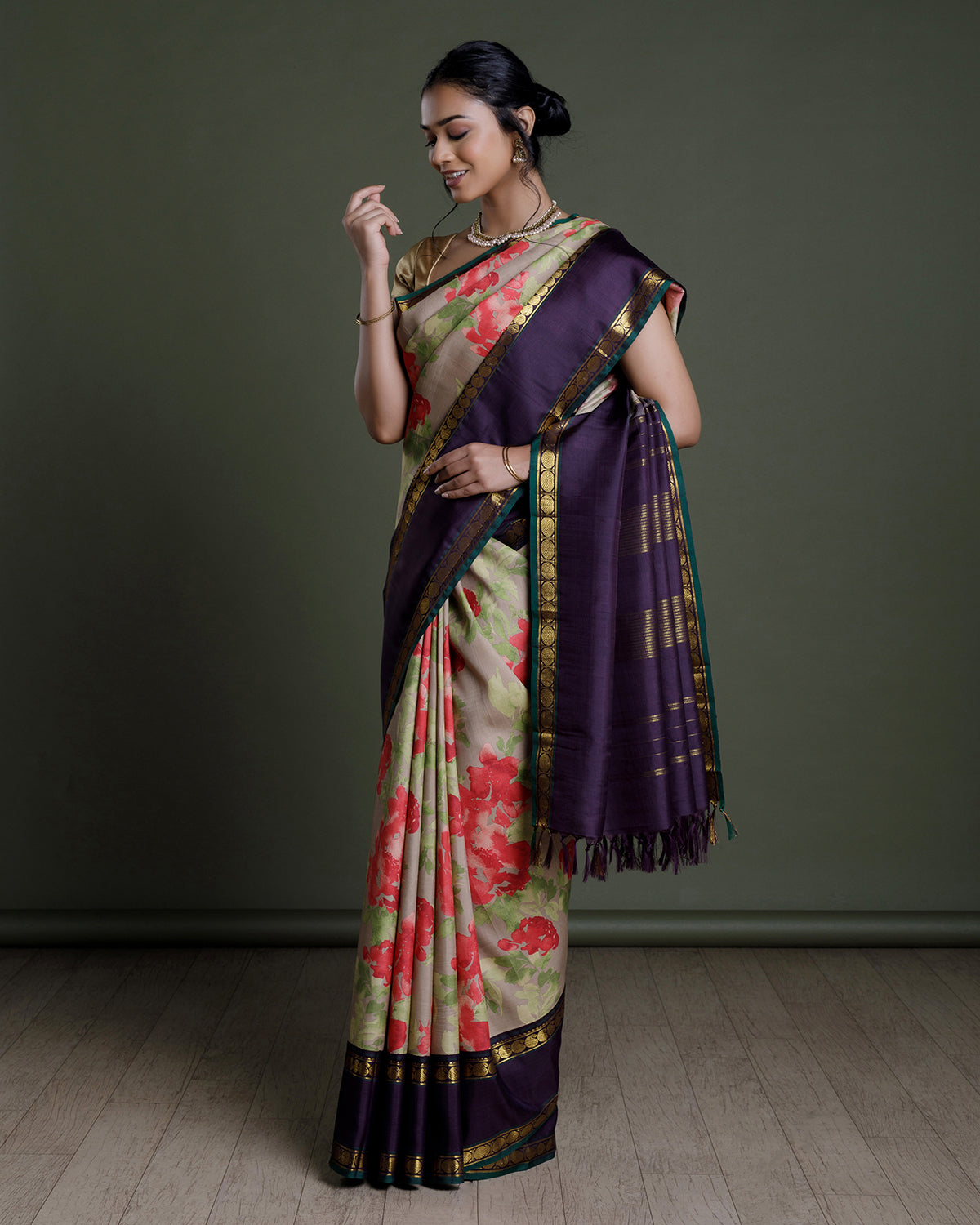 Beige Kanchivaram Printed Silk Saree