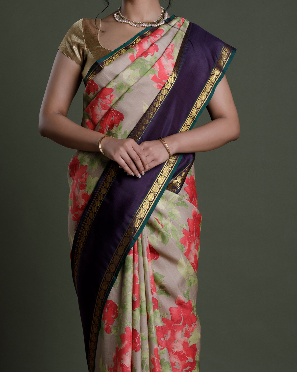 Beige Kanchivaram Printed Silk Saree