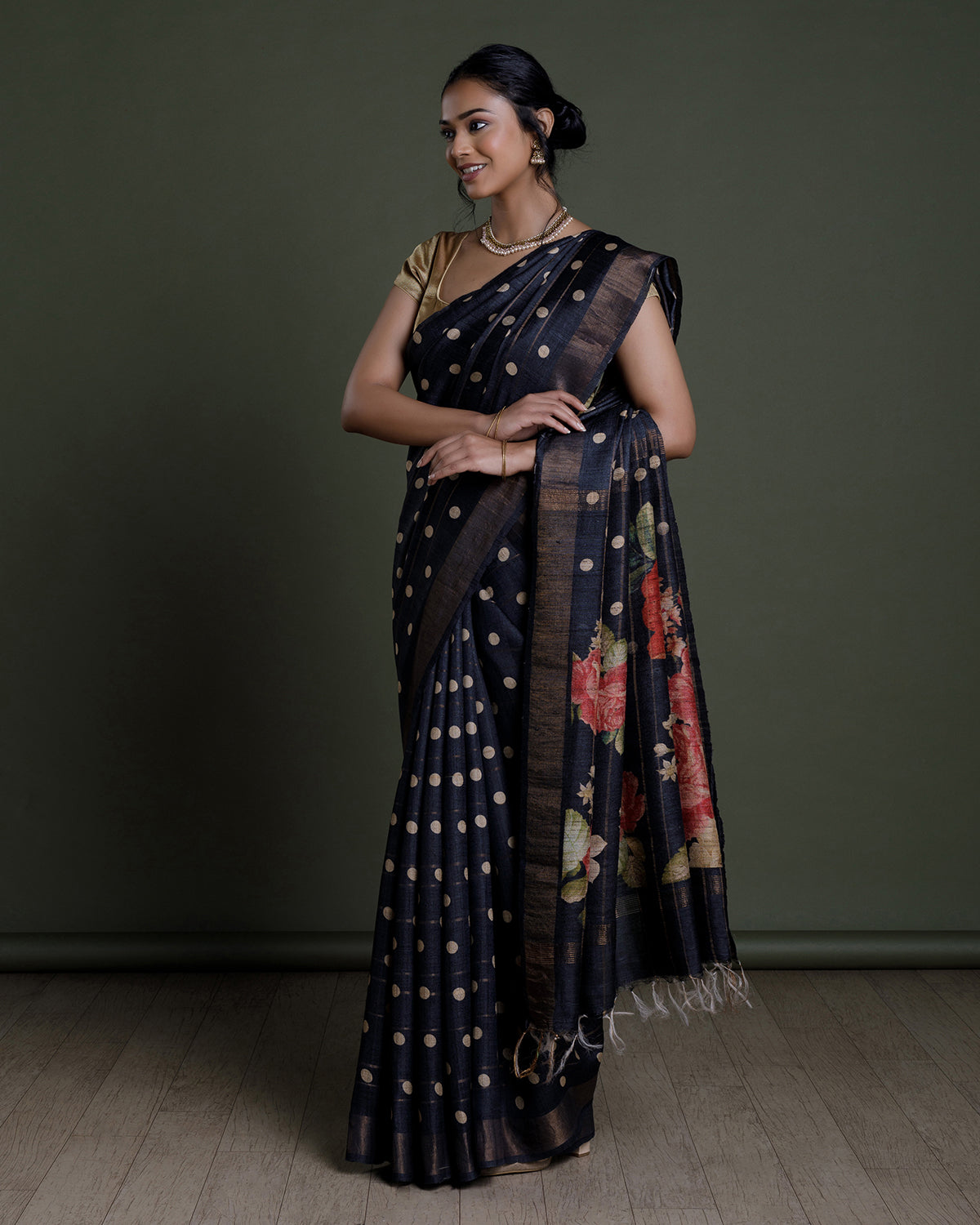 Black Printed Tussar Silk Saree