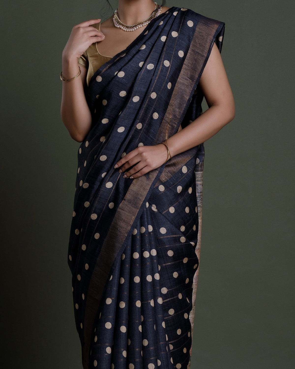 Black Printed Tussar Silk Saree