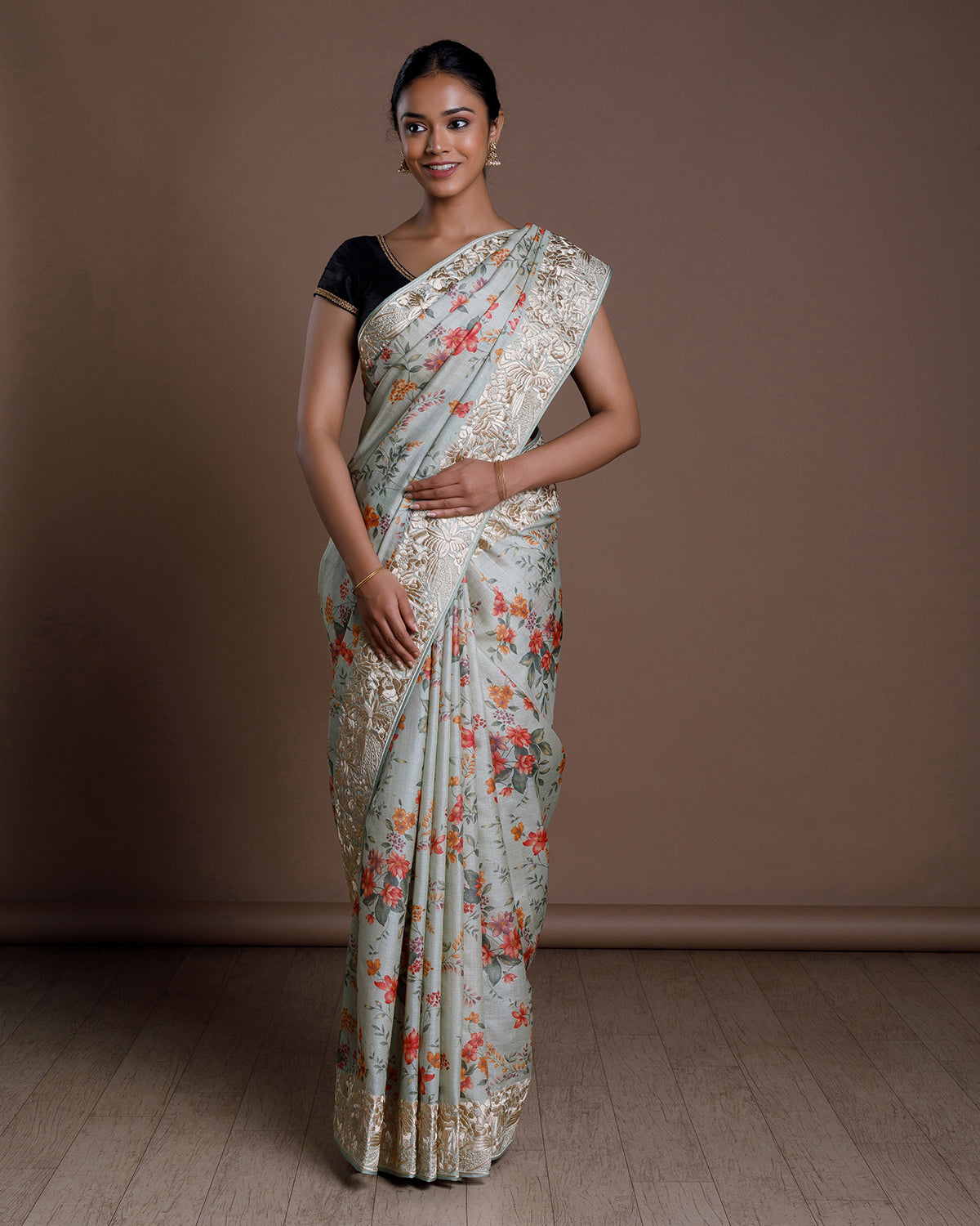 Grey Tussar Embroidery Silk Saree