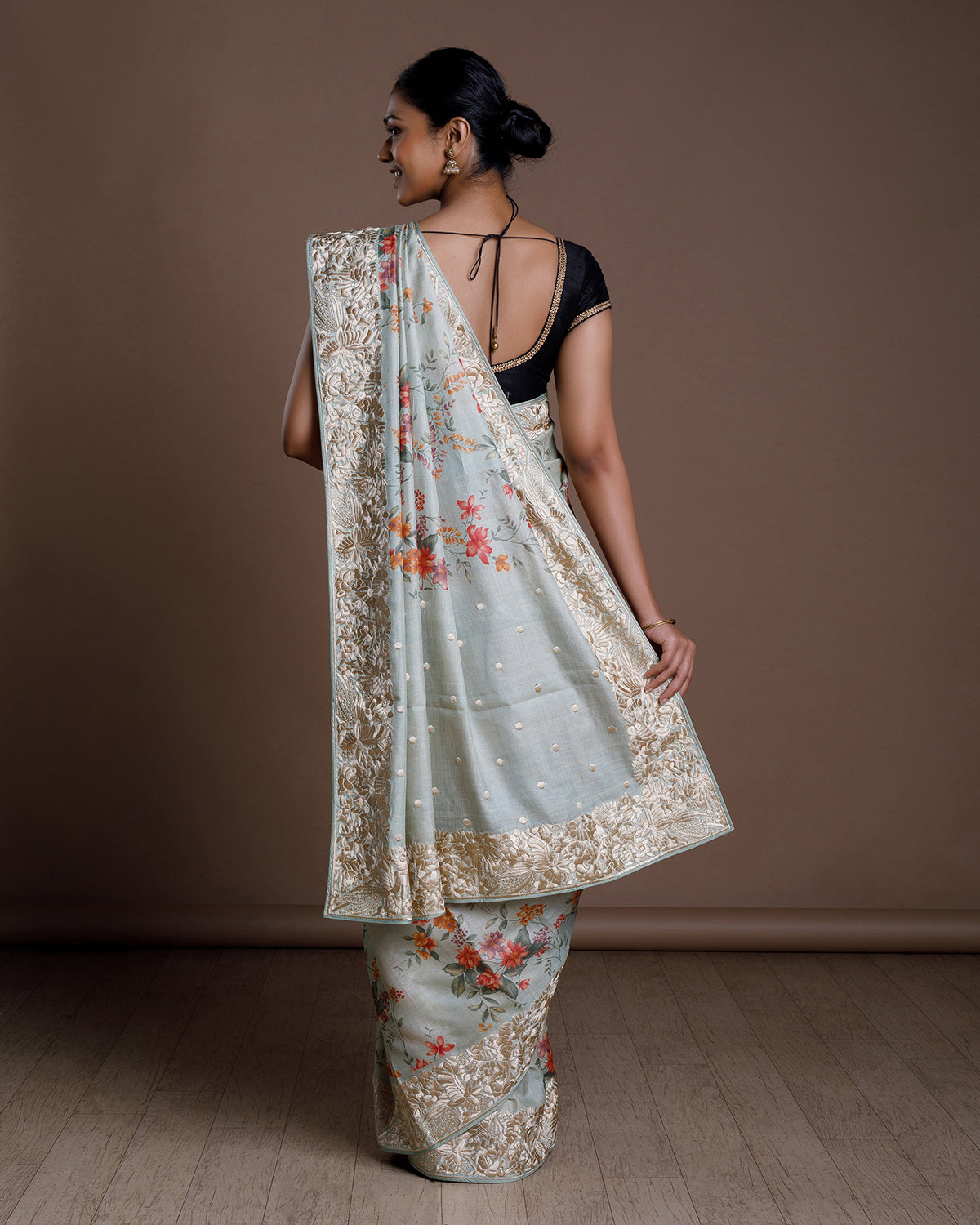 Grey Tussar Embroidery Silk Saree