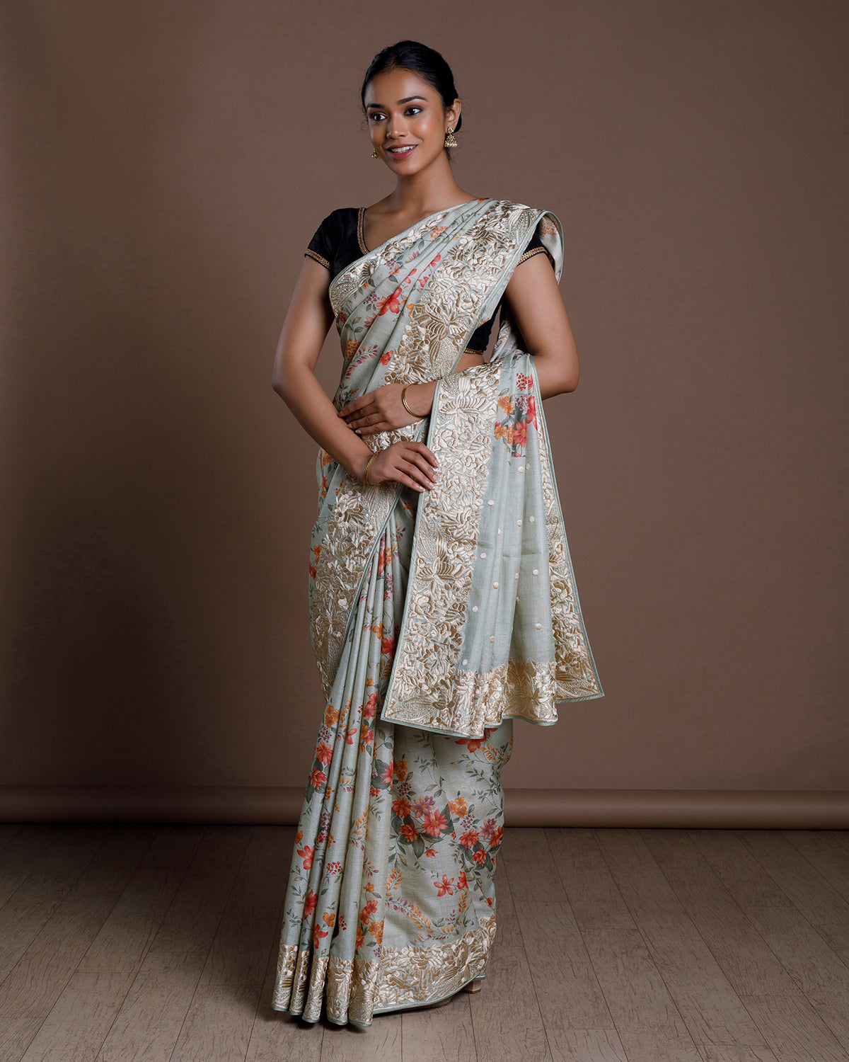 Grey Tussar Embroidery Silk Saree