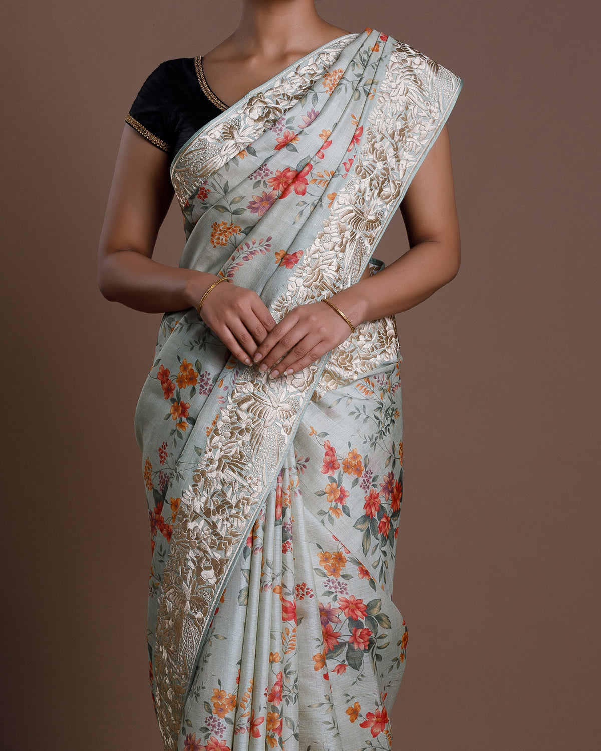 Grey Tussar Embroidery Silk Saree