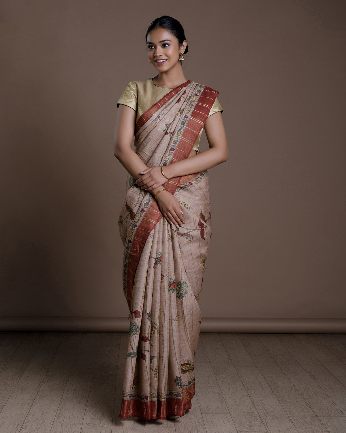 Beige Printed Tussar Silk Saree