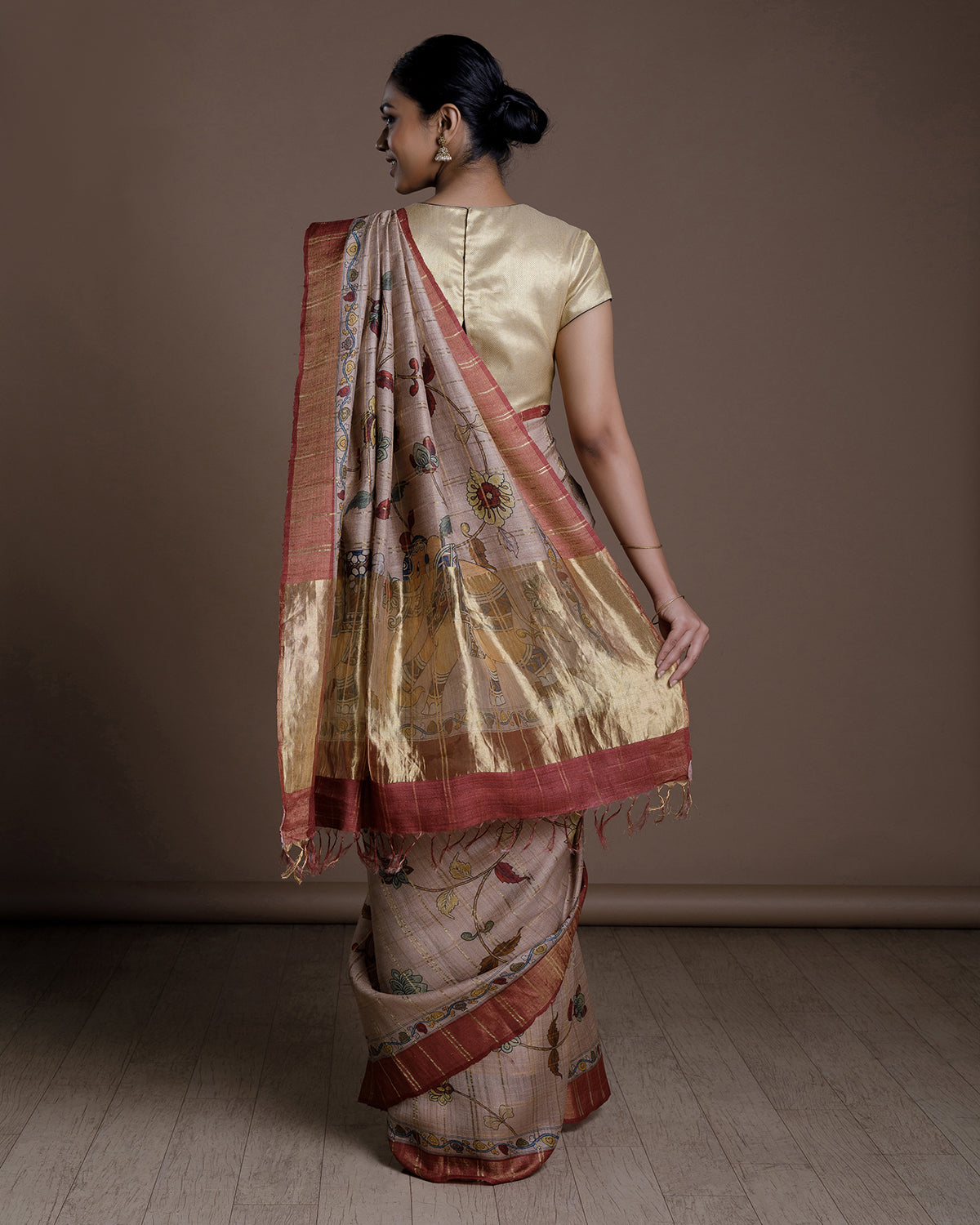 Beige Printed Tussar Silk Saree