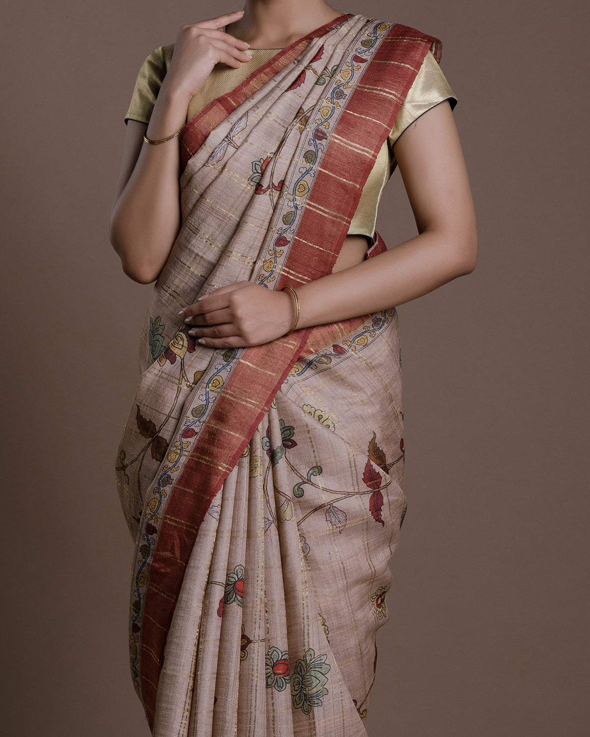 Beige Printed Tussar Silk Saree