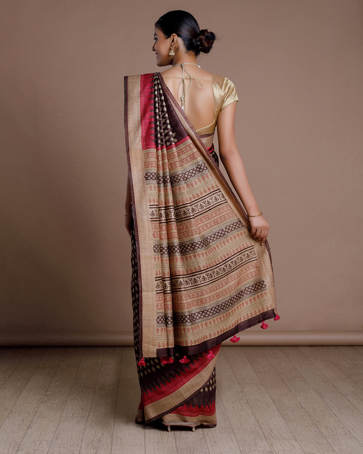 Black Printed Tussar Silk Saree