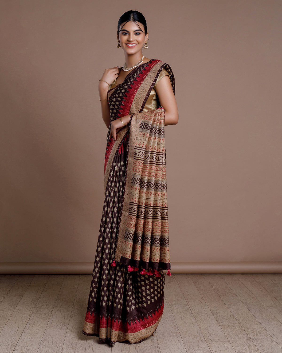 Black Printed Tussar Silk Saree