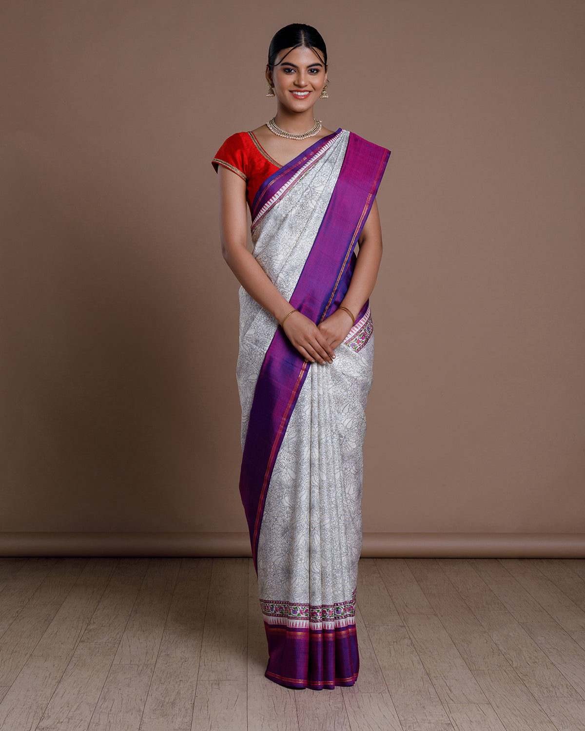 White Printed Kanchivaram Silk Saree