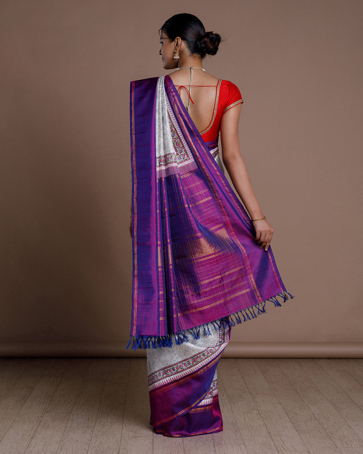 White Printed Kanchivaram Silk Saree
