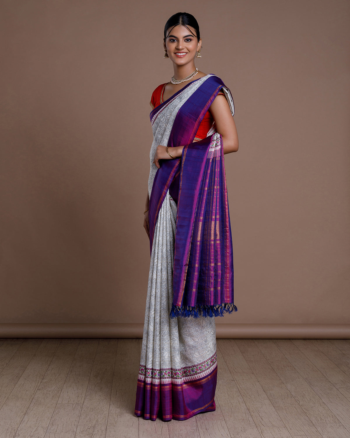 White Printed Kanchivaram Silk Saree