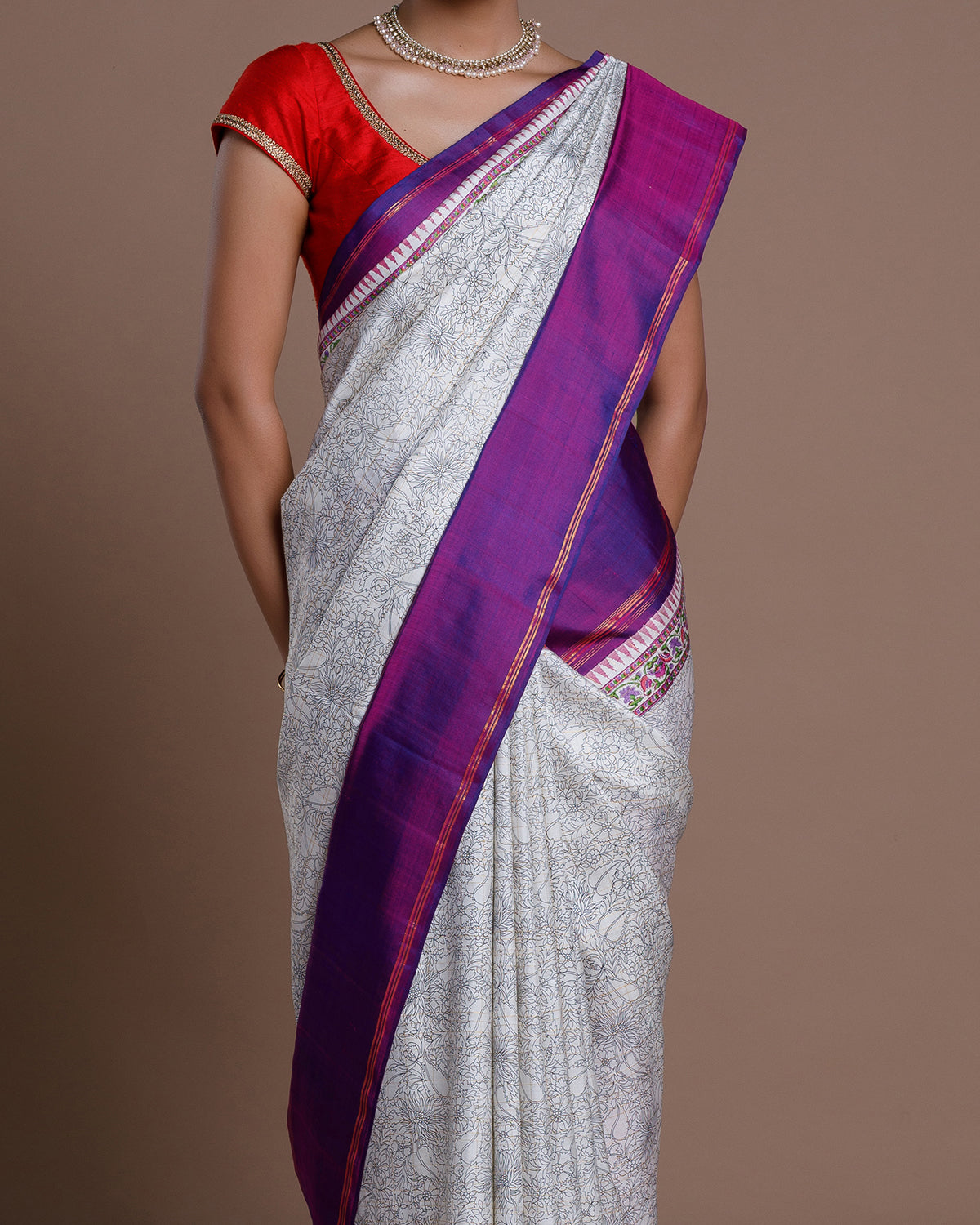 White Printed Kanchivaram Silk Saree