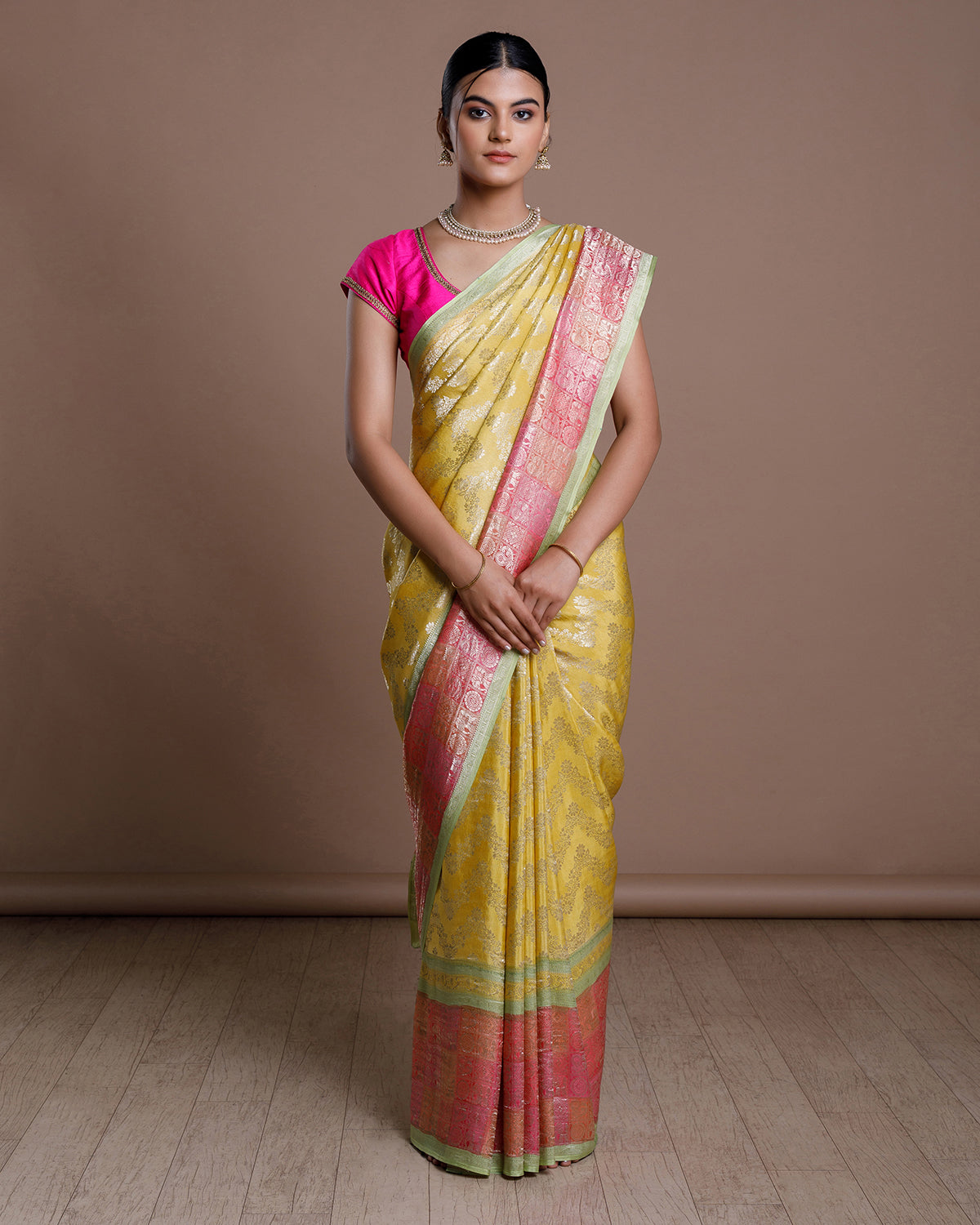Yellow Banarasi Khadi Georgette Silk Saree