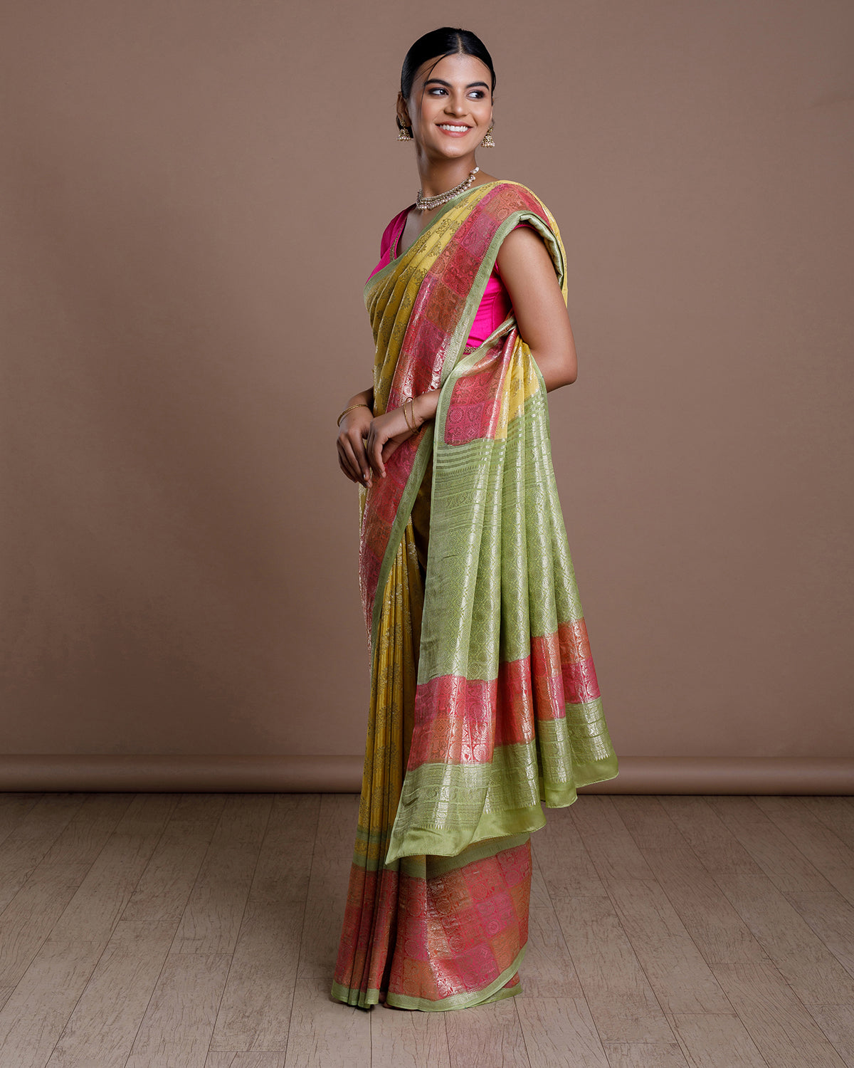 Yellow Banarasi Khadi Georgette Silk Saree