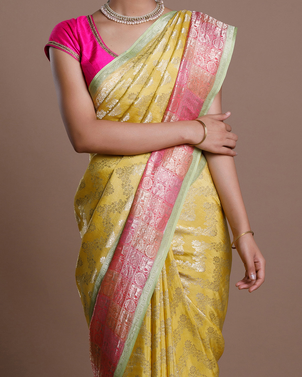 Yellow Banarasi Khadi Georgette Silk Saree