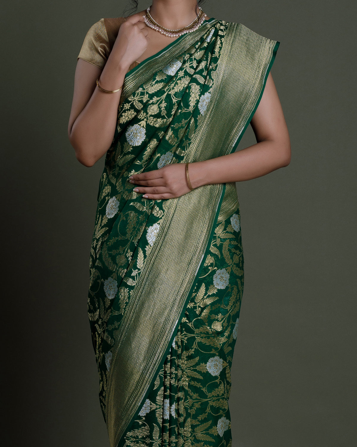Green Banarasi Khadi Georgette Silk Saree