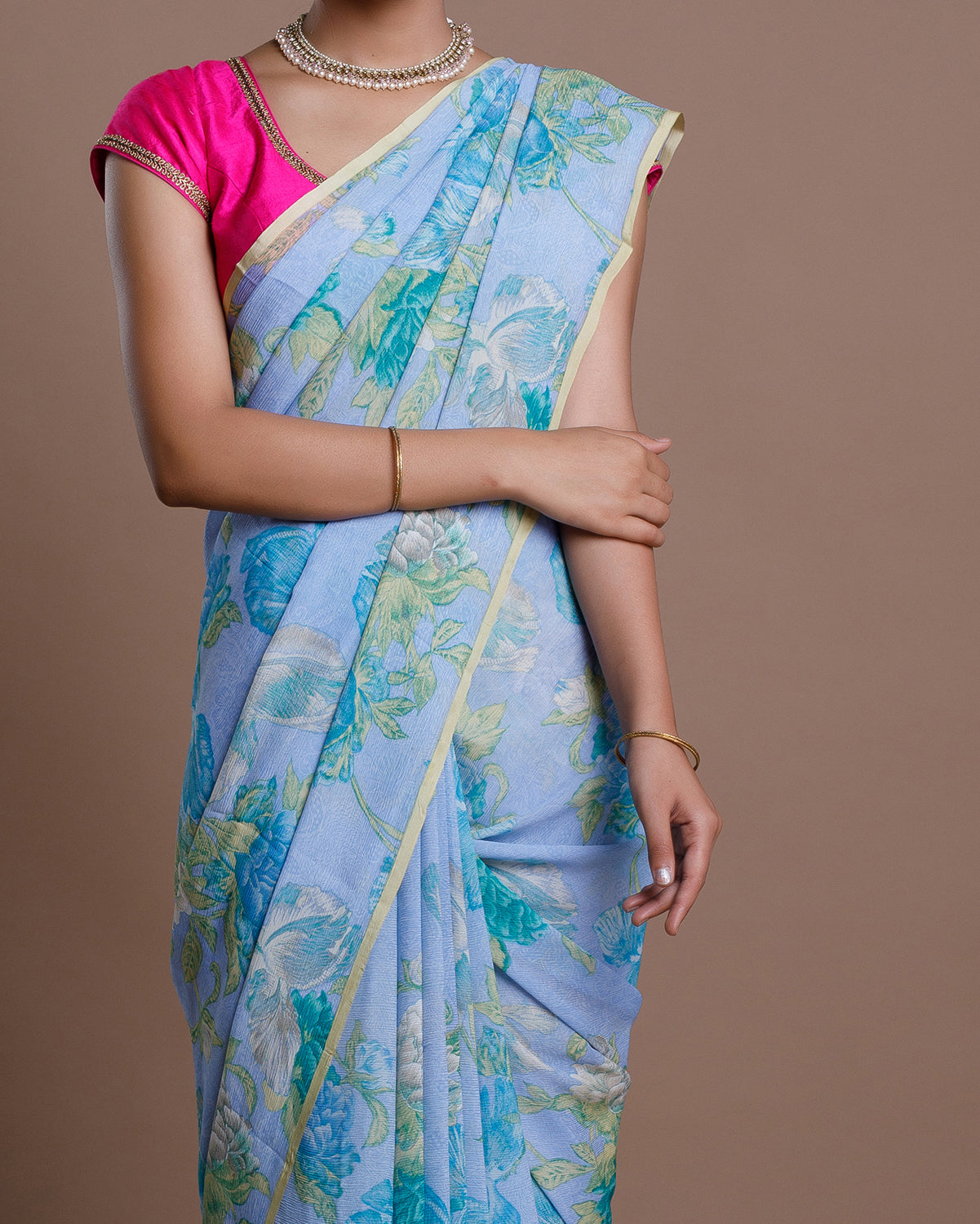 Ice Blue Printed Chiffon Silk Saree