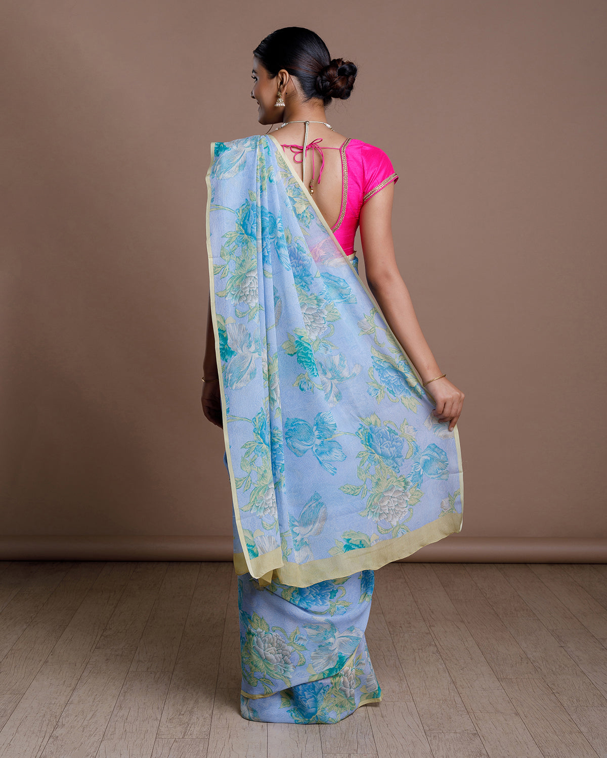 Ice Blue Printed Chiffon Silk Saree