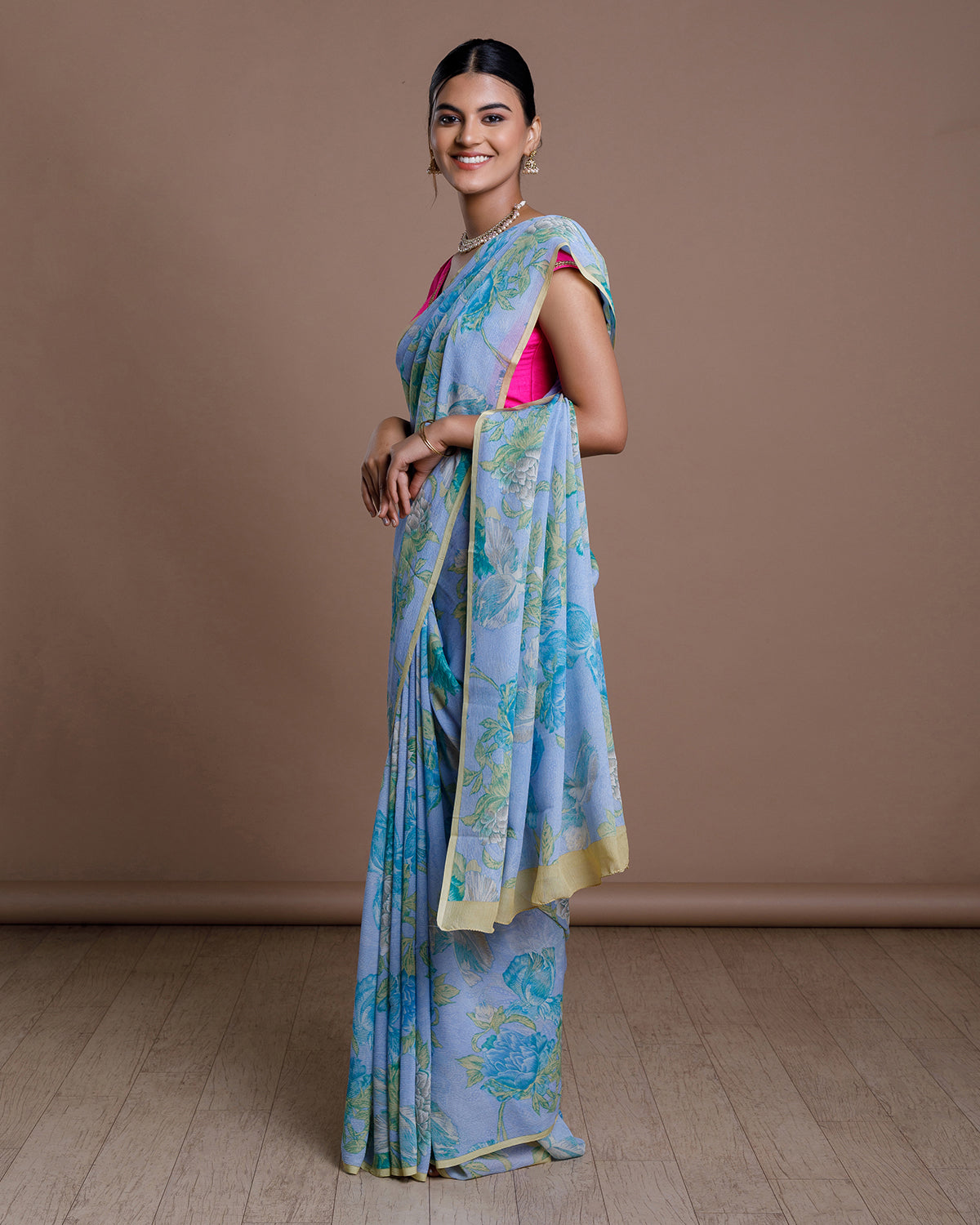 Ice Blue Printed Chiffon Silk Saree