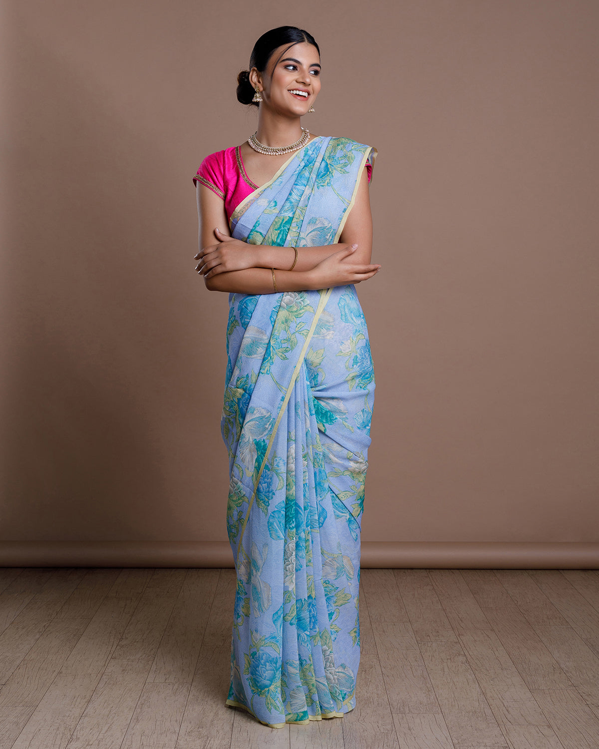 Ice Blue Printed Chiffon Silk Saree